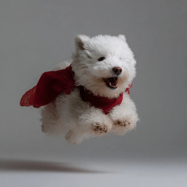 Super Dog Fluffy White Dog with Red Cape Flying