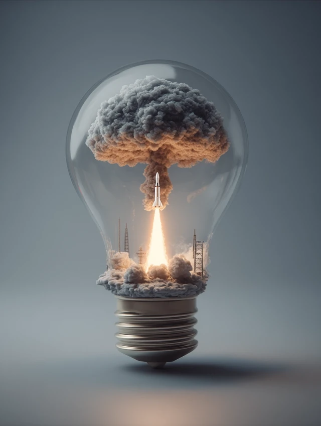 Light Bulb with Mushroom Cloud and Rocket Launch