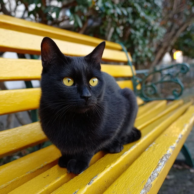 Black Cat Sitting on Yellow Bench
