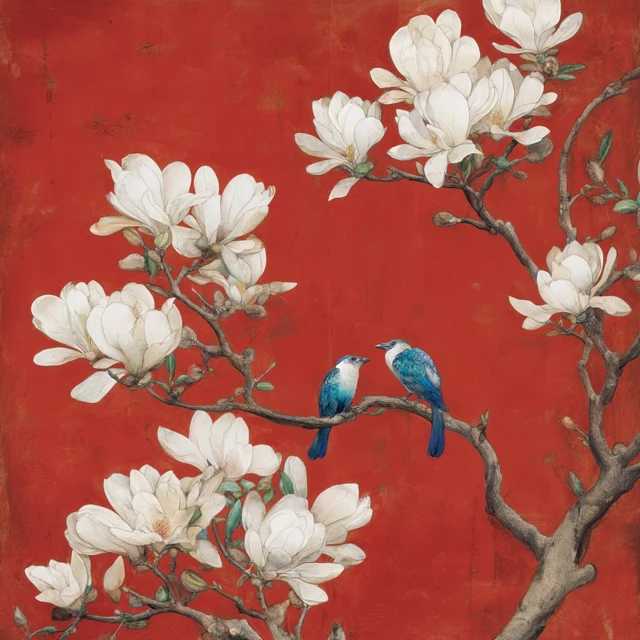 Magnolia Painting Blue Birds Red Background