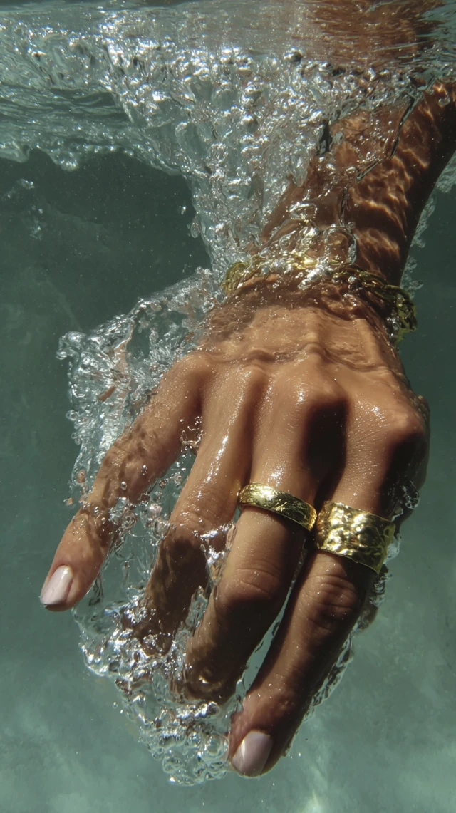 Luxury Hand Under Water Gold Rings Editorial Style