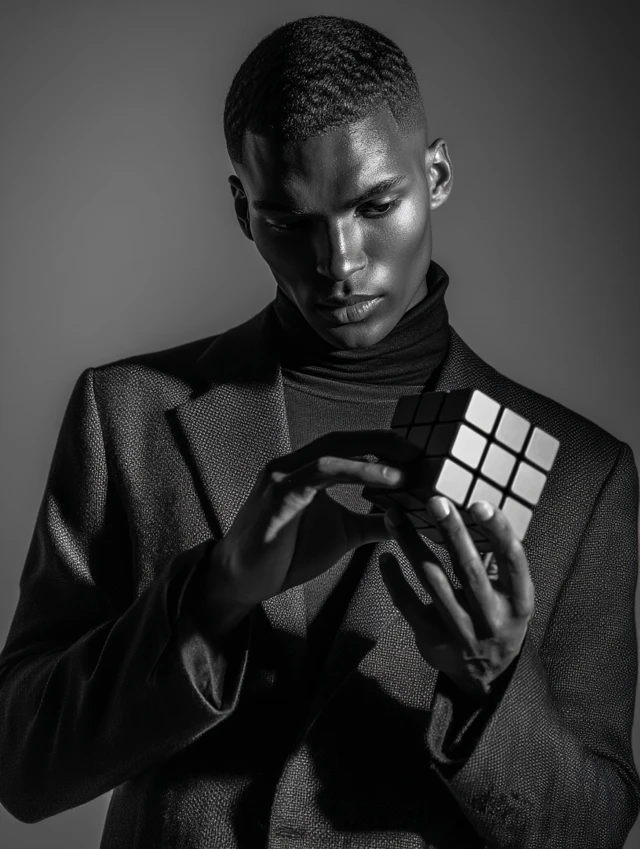 Male Model Solving Rubiks Cube Black and White Photo