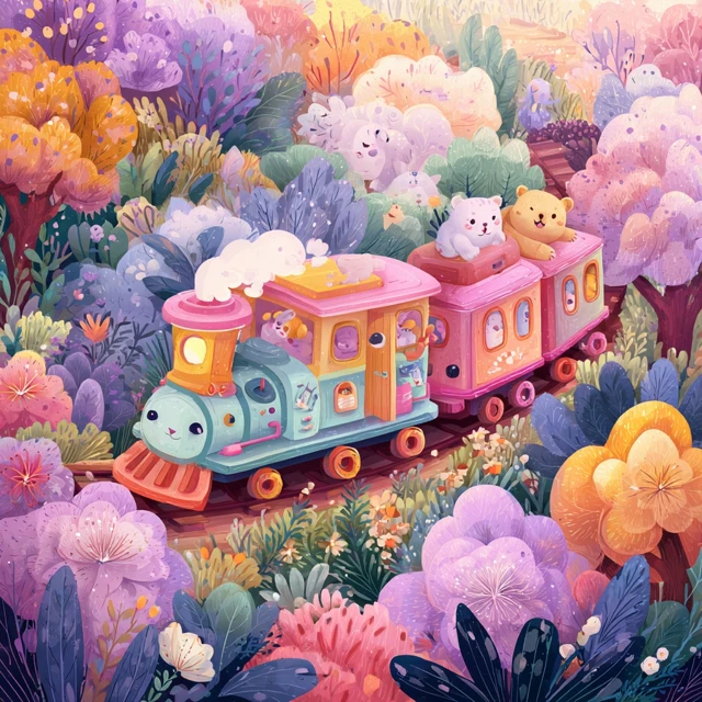 Cute Cartoon Train in Whimsical Forest Illustration