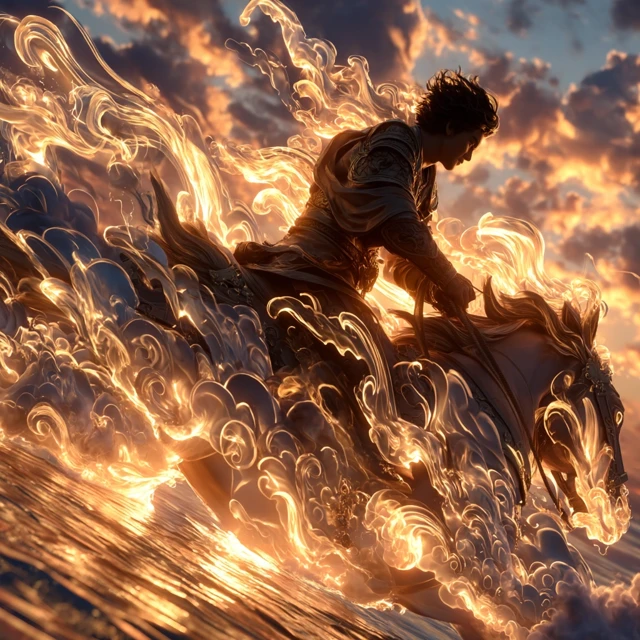 Man Ascending Chariot of Fire Above the Clouds