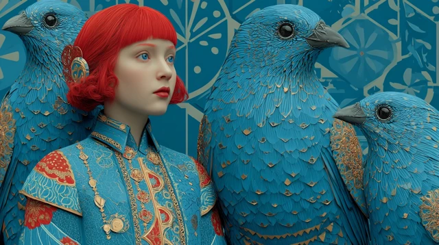 Red Haired Girl and Blue Magpies 3D Art