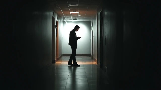 Man in Dark Hallway Using Phone Light