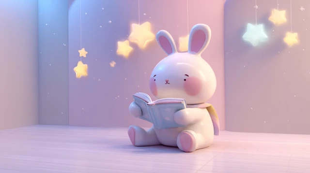 Kawaii 3D Rabbit Reading in Space