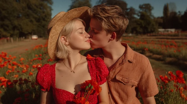 Romantic Couple Kissing in Poppy Field Valentines Day