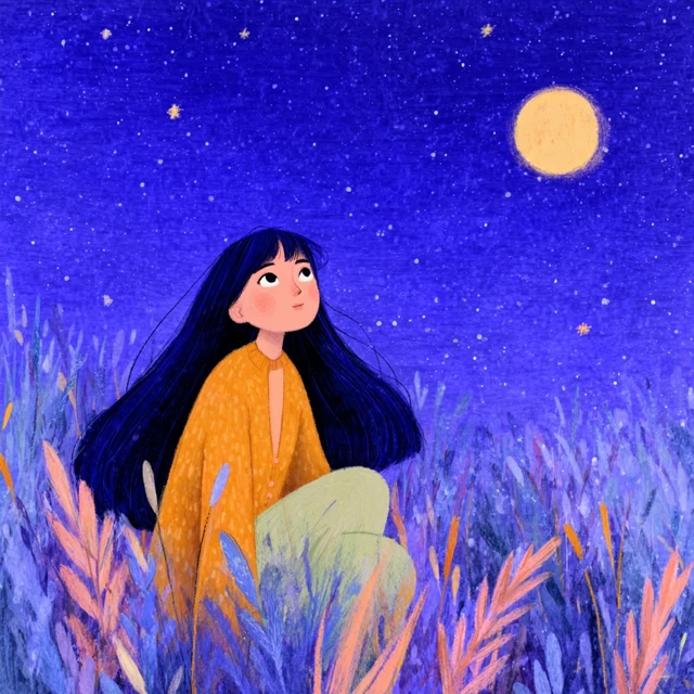 Girl Star Gazing Moon Illustration
