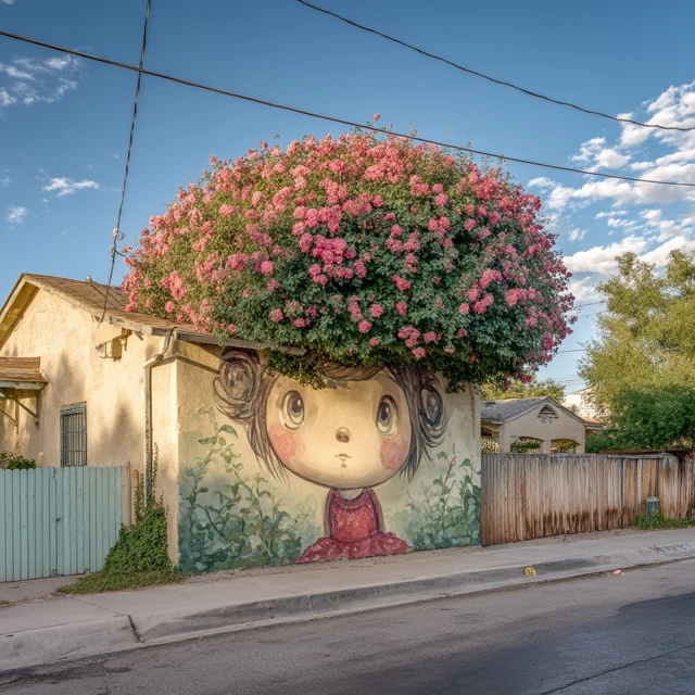 Floral Mural with Pink Roses and Cute Girl Illustration