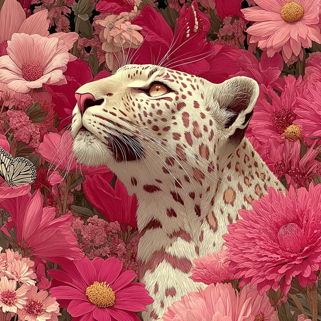 Pink Leopard in Flowers Surrealist Art