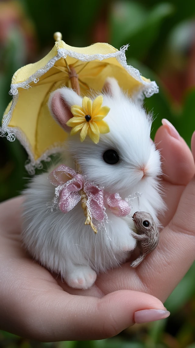 Angora Rabbit and Mouse Under Umbrella