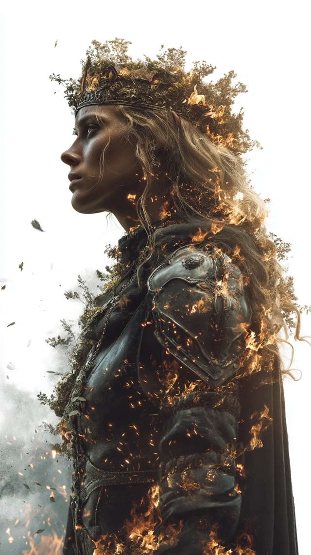 Warrior Queen in Armor Fire and Smoke Portrait