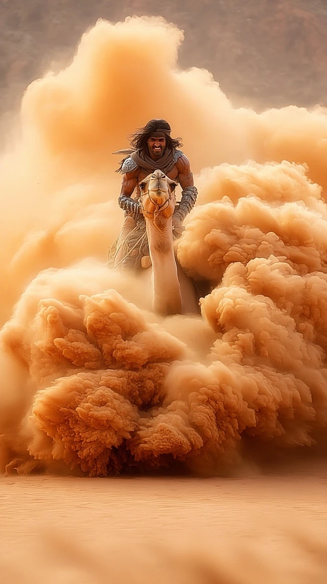 Arabian Man and Camel in Sandstorm Cinematic Shot