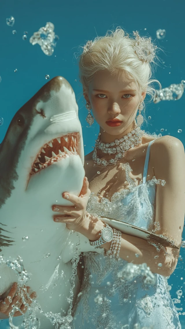 Korean Lady with Shark: Fashion, Luxury, Surreal 3D Art