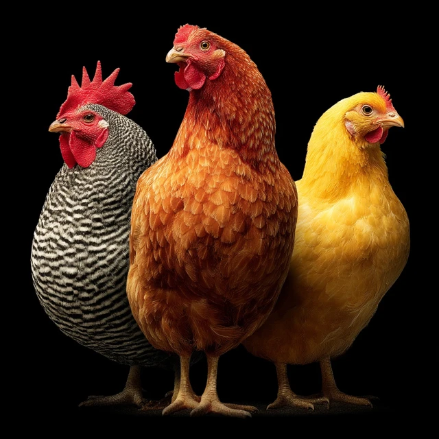 Three Chickens Isolated on Black Hyper Realistic Photo
