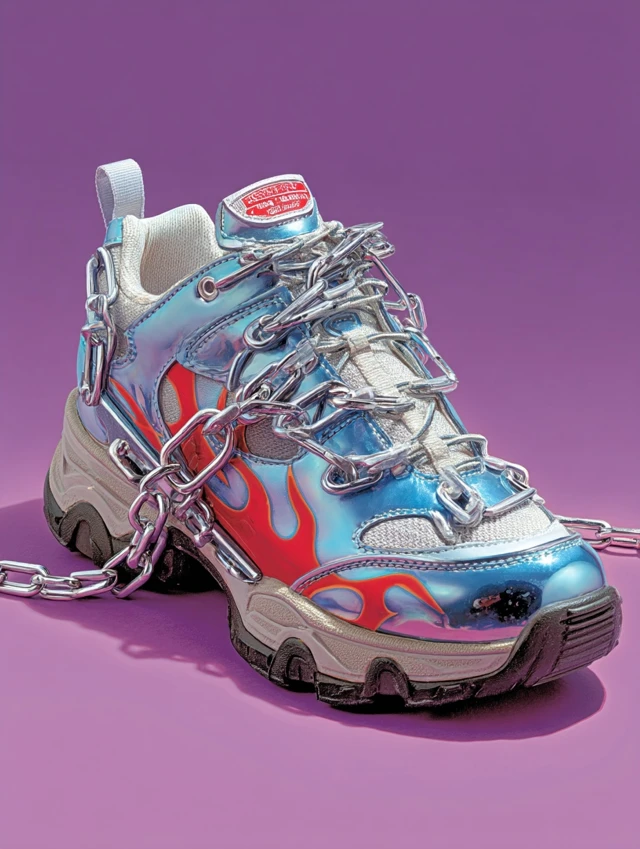 Chrome Chained Boot with Flames 80s Airbrush Art