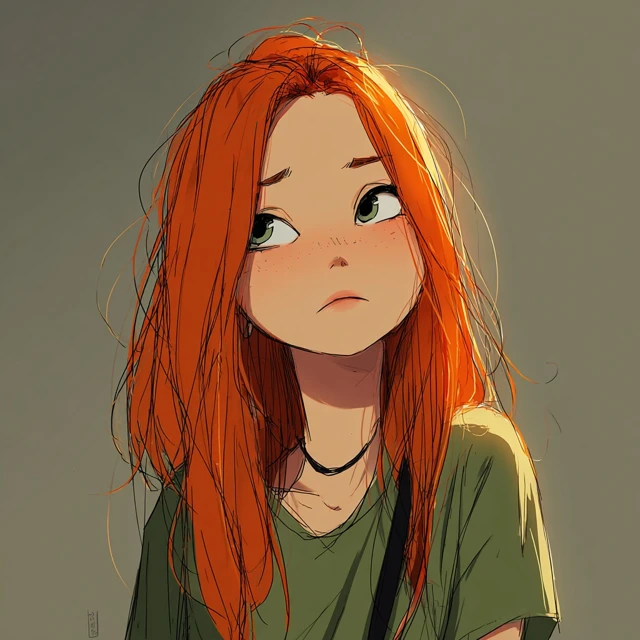 Anime Girl Ginger Hair Sad Expression
