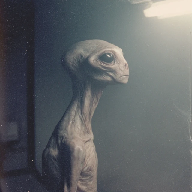 Alien Grey Creature in 1970s Lab Photography