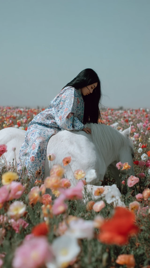 Dreamlike Photo Woman Horse Flowers
