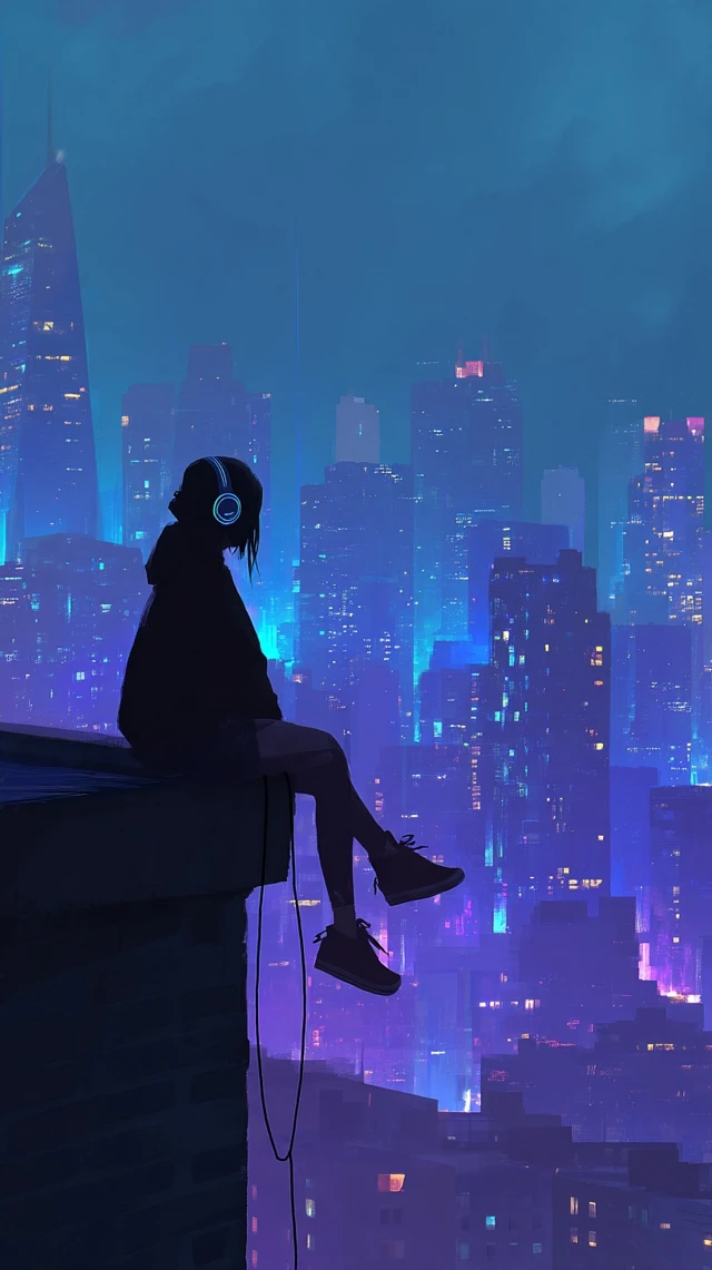 Rooftop Cityscape at 3AM Neon Skyline Silhouette