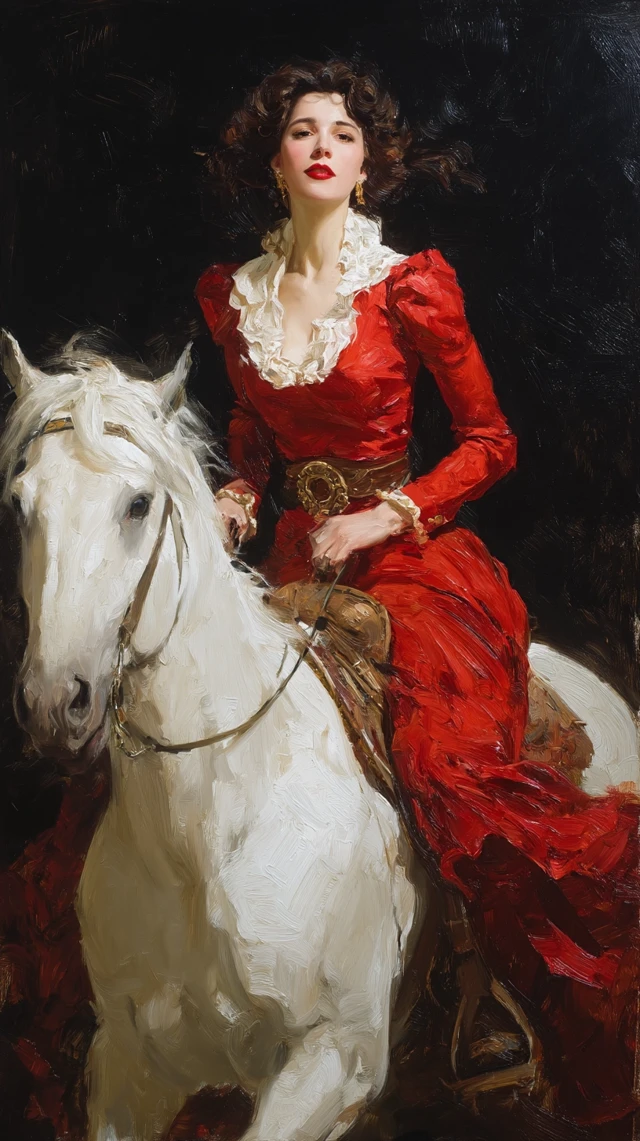 Woman on Horse Oil Painting in Red Dress
