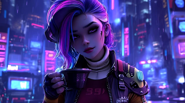 Cyberpunk Girl with Coffee in Neon City
