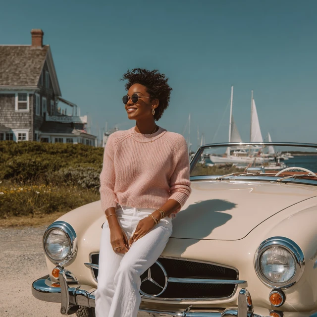 Beautiful Woman and Vintage Mercedes in Nantucket