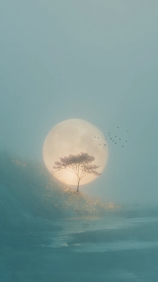 Moon Tree Birds Dreamy Landscape Photo