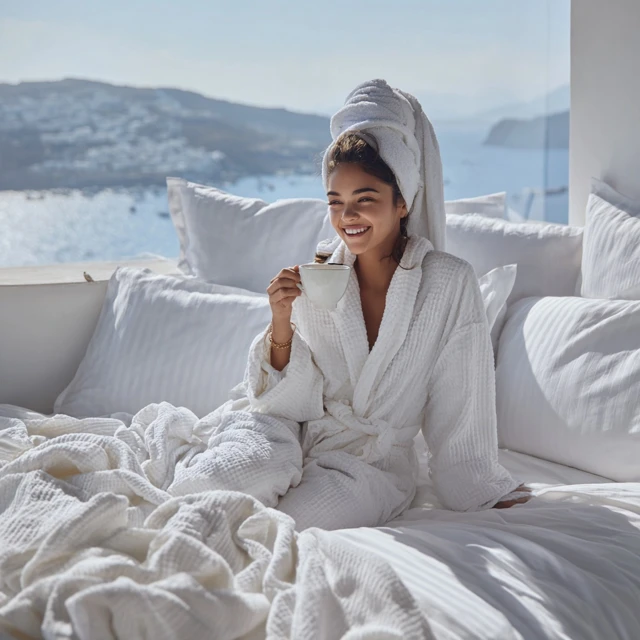 Woman in Robe Enjoying Coffee in Bed Comfort Cozy