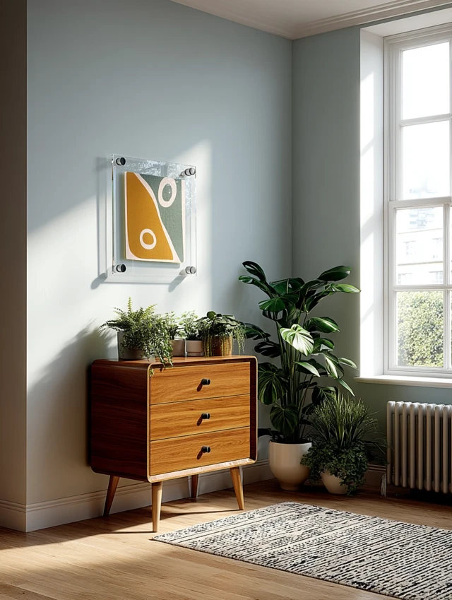 Bright Interior Room with Plant Decor and Floating Frame