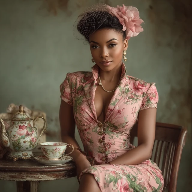 Elegant Nigerian Woman in Floral Dress Tea Time Portrait