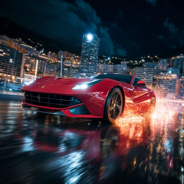 Ferrari Speeding Through Monte Carlo at Night