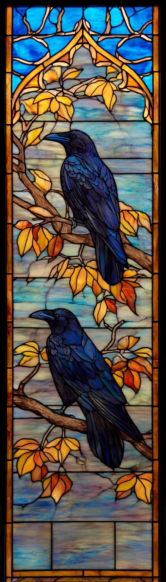 Stained Glass Ravens Branches Blue Sky