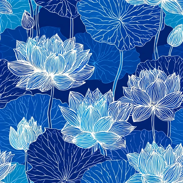 Lotus Flower Pattern Indigo Background Minimalist Design