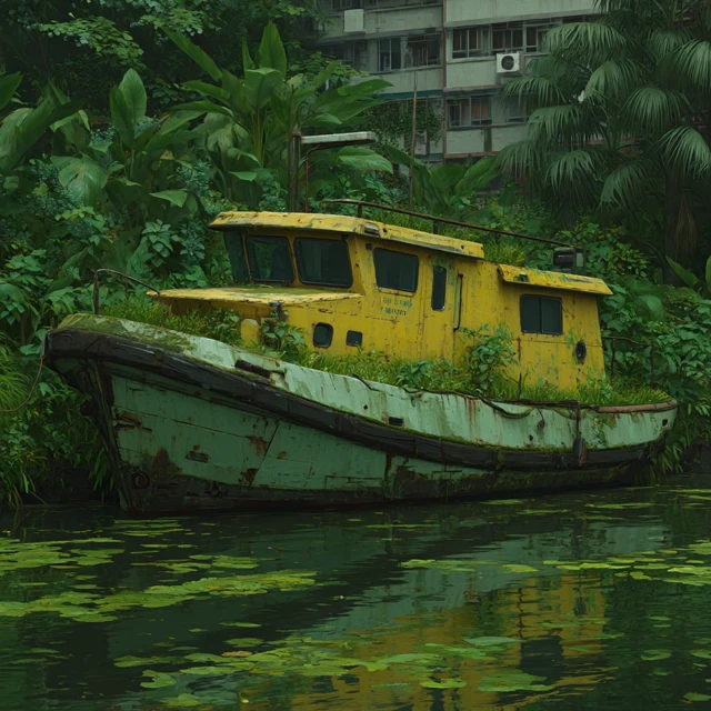 Abandoned Boat in Lush Jungle Cinematic Artwork
