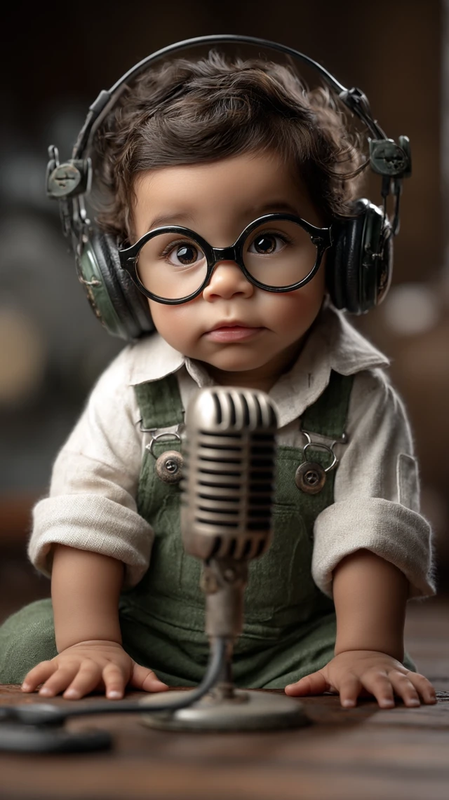 Adorable Baby with Microphone and Headphones