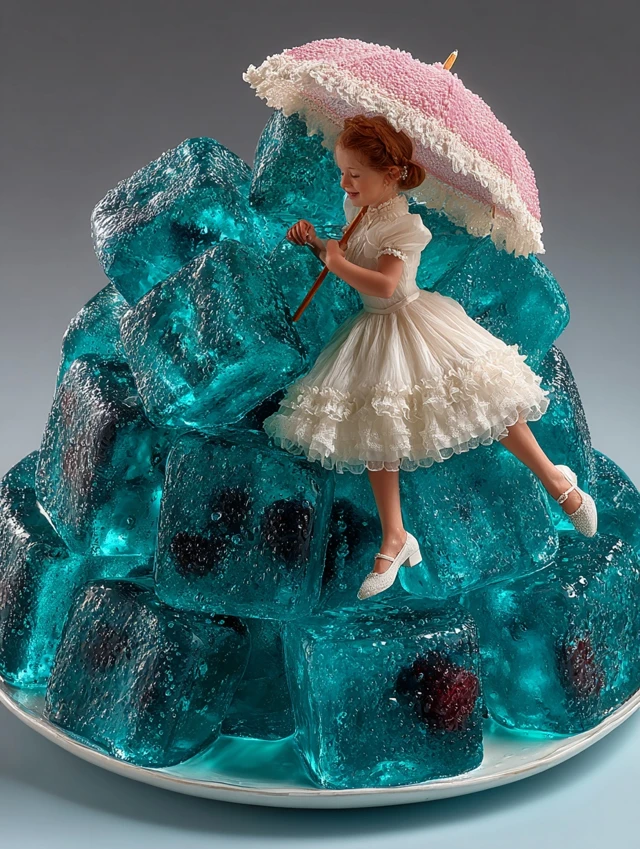 Girl in Dress with Umbrella on Jelly Illustration