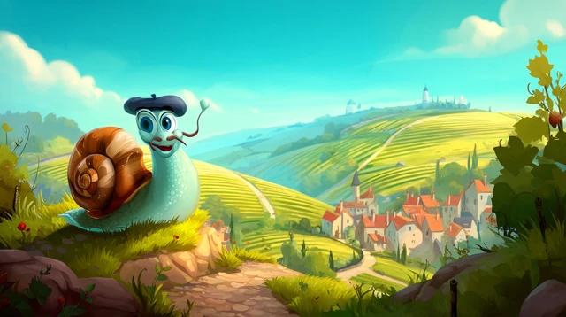 Cute Snail in French Countryside Dreamy Scene