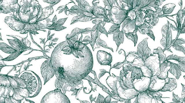 Botanical Line Art Pattern with Flowers and Fruits