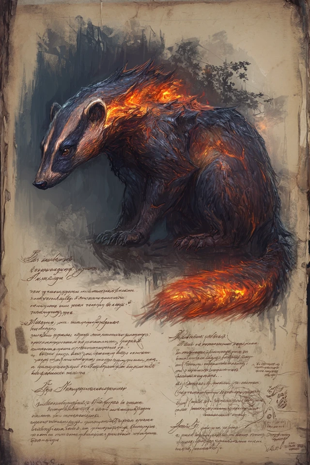 Fiery Badger Fantasy Art Medieval Textbook Page