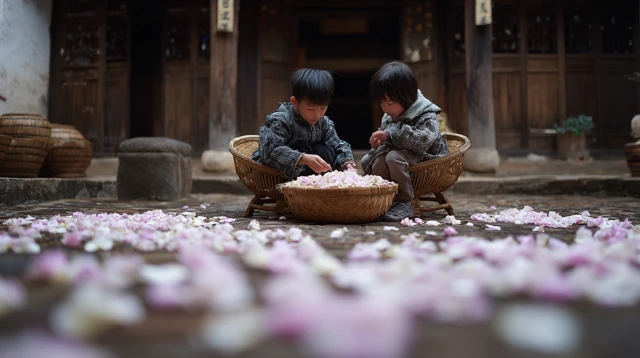 Asian Kids Picking Rose Petals Yunnan China