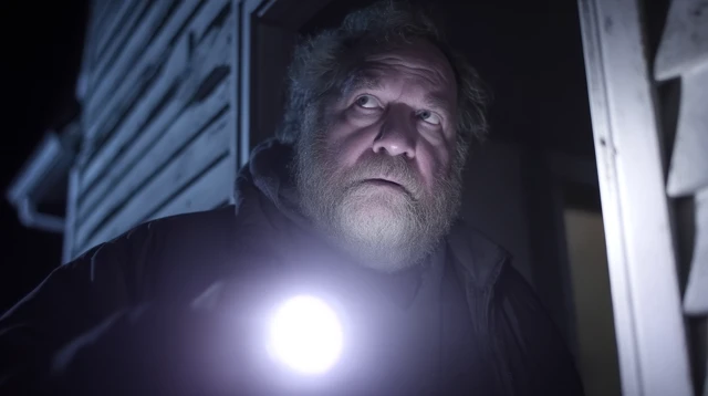 Man with Flashlight Investigating Cellar at Night