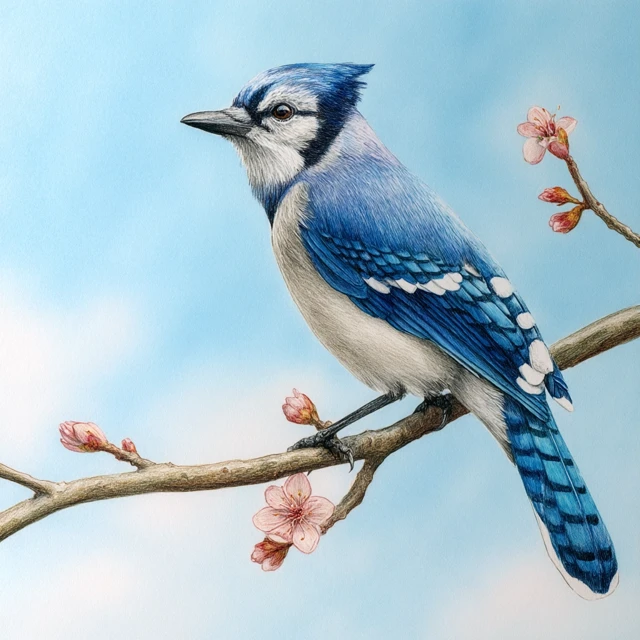 Blue Jay on Branch Spring Day Watercolor