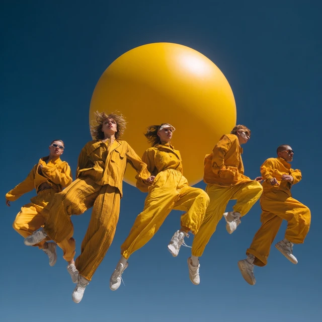 Models in Yellow Leap against Blue Sky Editorial Fashion