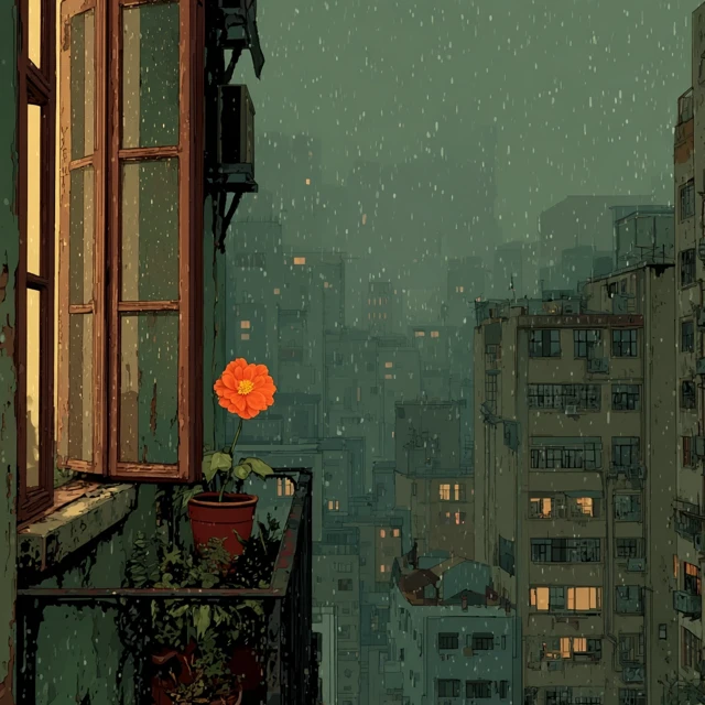 Rainy Downtown Apartment with Flower View