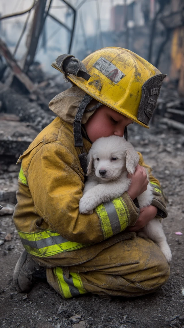 Firefighter Kid Hugs Puppy