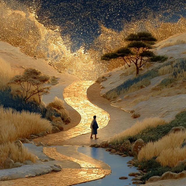 Japanese Watercolor Landscape Golden Paths