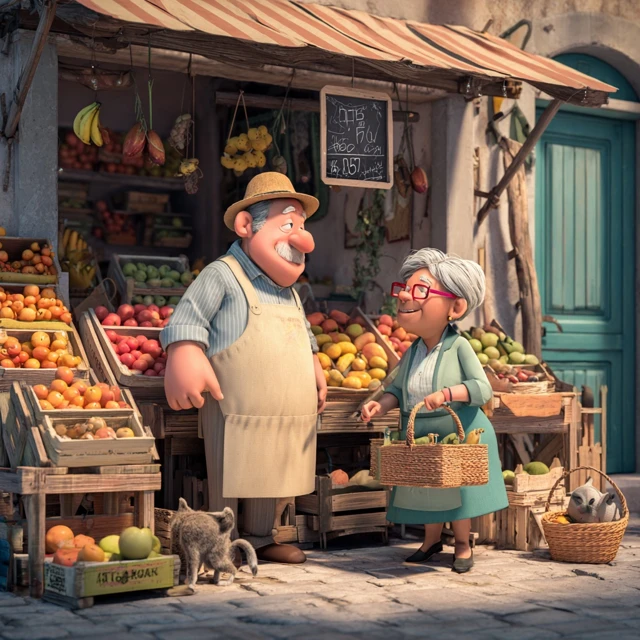Cartoon Fruit Stand Scene Man and Woman