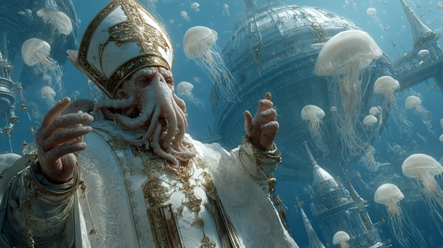 Cybernetic Pope in a Gothic Library of Molten Glass